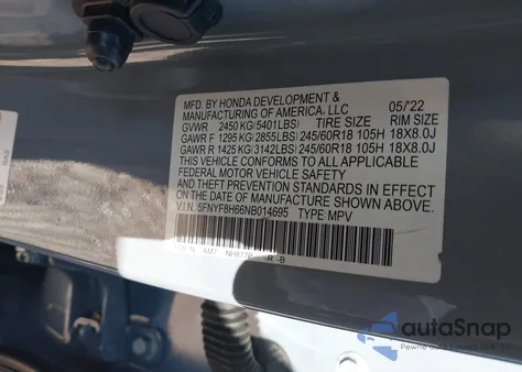 2022 Honda Passport Awd Trailsport z USA, uszkodzony, nr VIN 5FNYF8H66NB014695